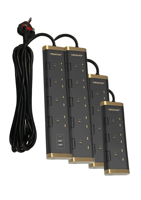 Megaman YT-PSA105U 13A 4 Way 5 Meter Trailing Socket -bk+Gd