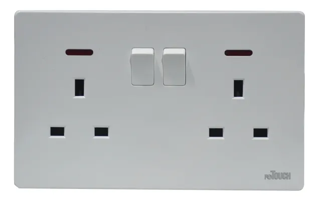 reTOUCH Ultra Rimless 13A 2 Gang Flat Pin Switch Socket with Neon